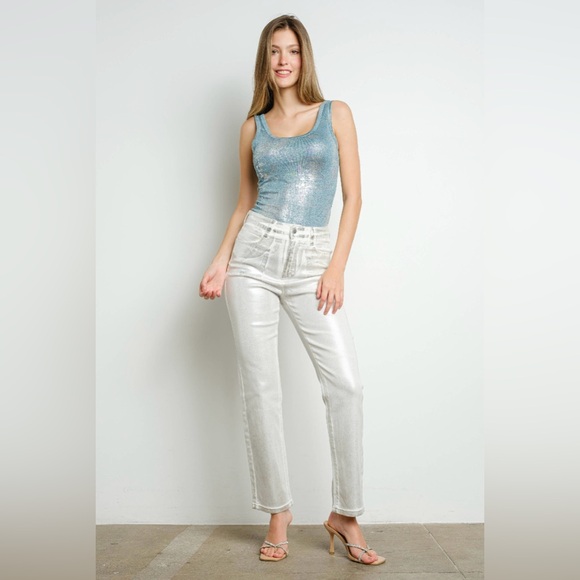 NWT Boutique Mabel Metallic High-Rise Stretch Jeans – White Silver Foil - Picture 2 of 5